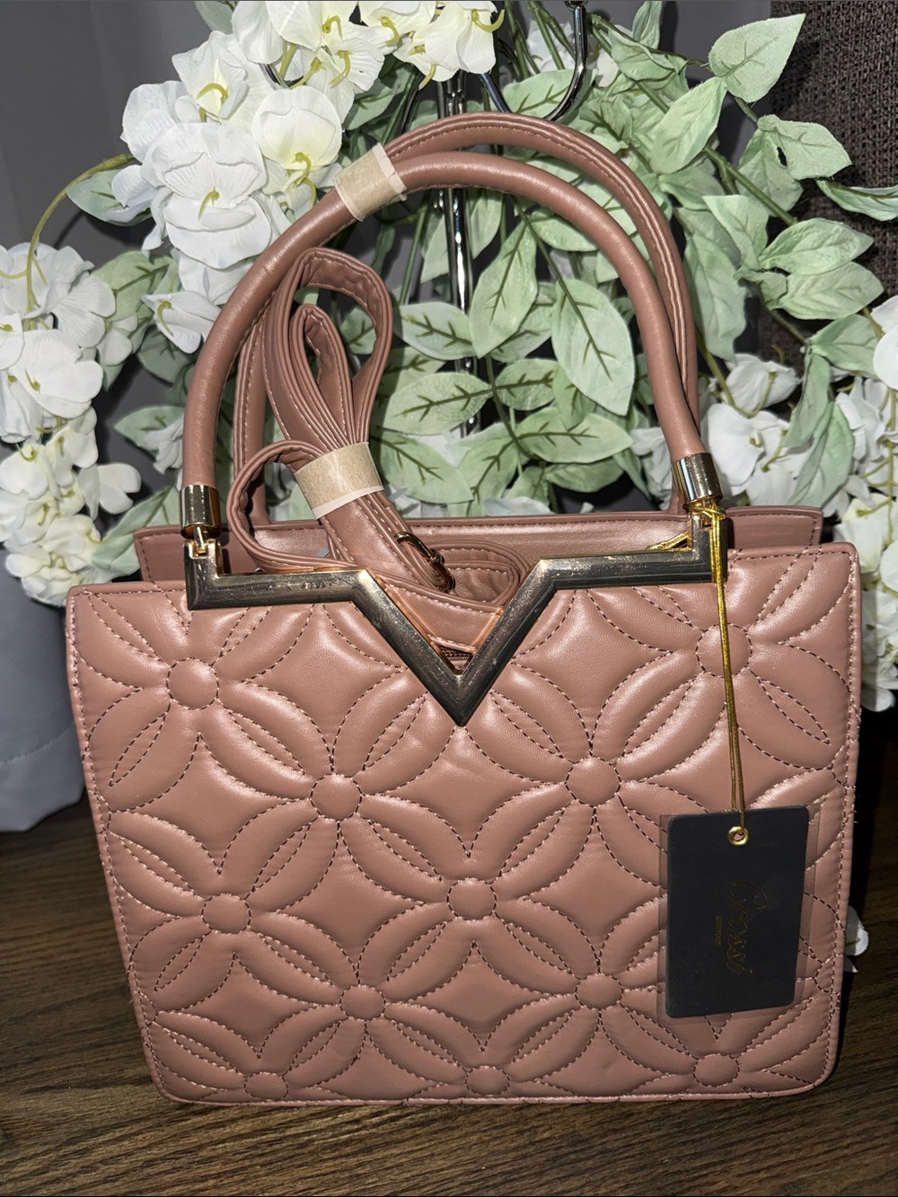 CROSSI NY Quilted Top-Handle Satchel and Crossbody in Dusty Pink